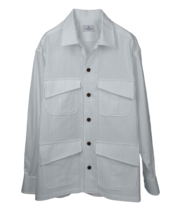 【THE STATES MADE】 ネイビーオックスストライプ斜めフラップポケットシャツアウター