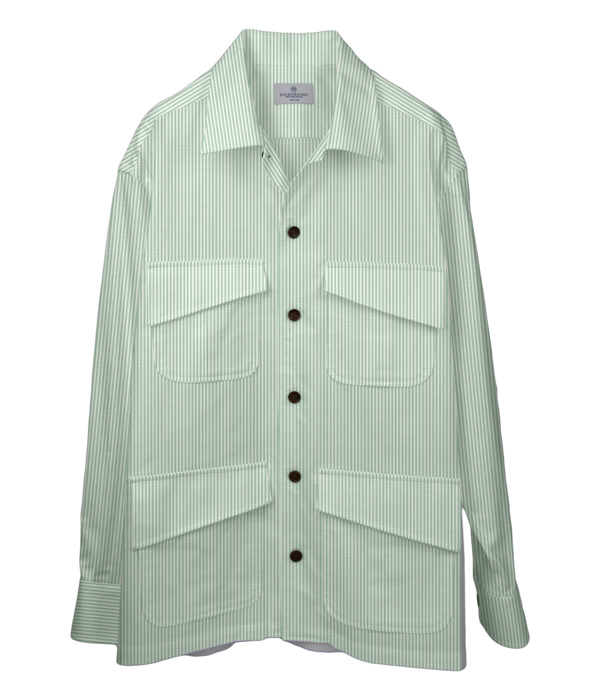 【THE STATES MADE】 グリーンオックスストライプ斜めフラップポケットシャツアウター