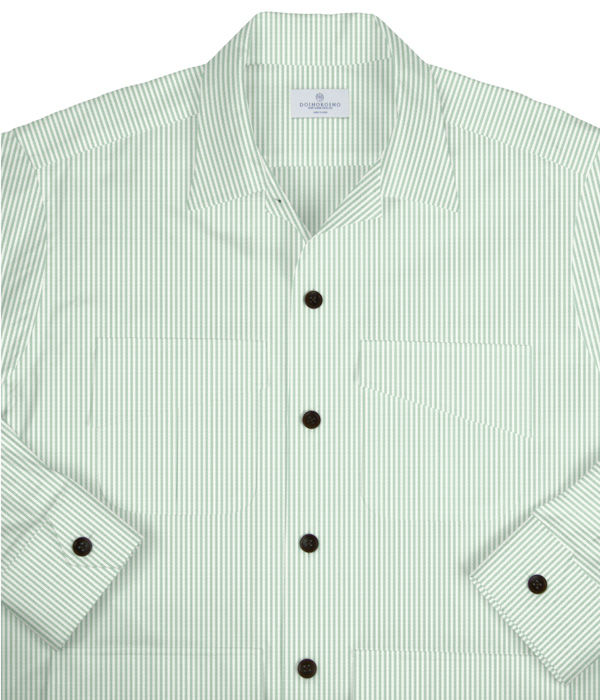 【THE STATES MADE】 グリーンオックスストライプ斜めフラップポケットシャツアウター