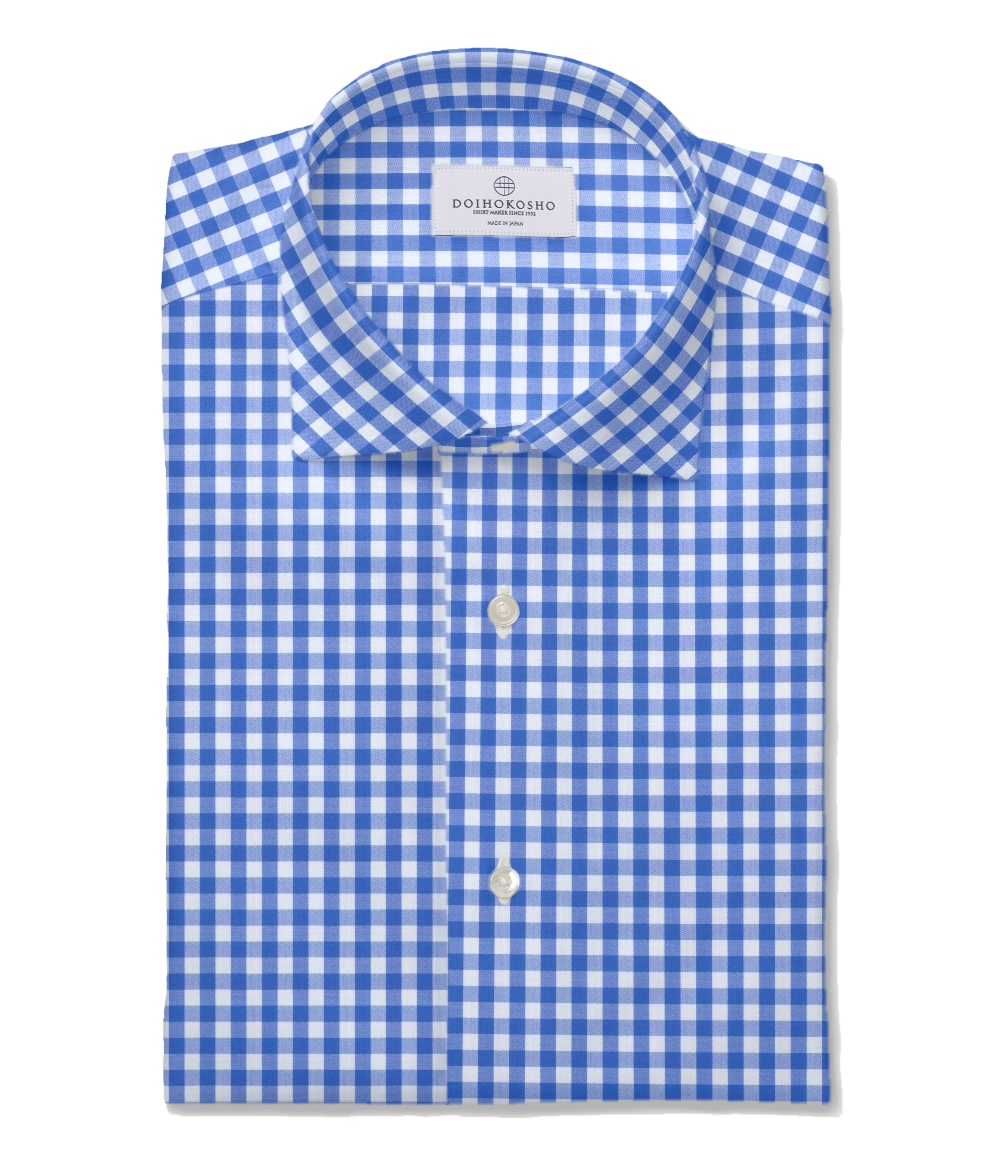 コットン100%形態安定 ブルー ブロード チェック ドレスシャツ
