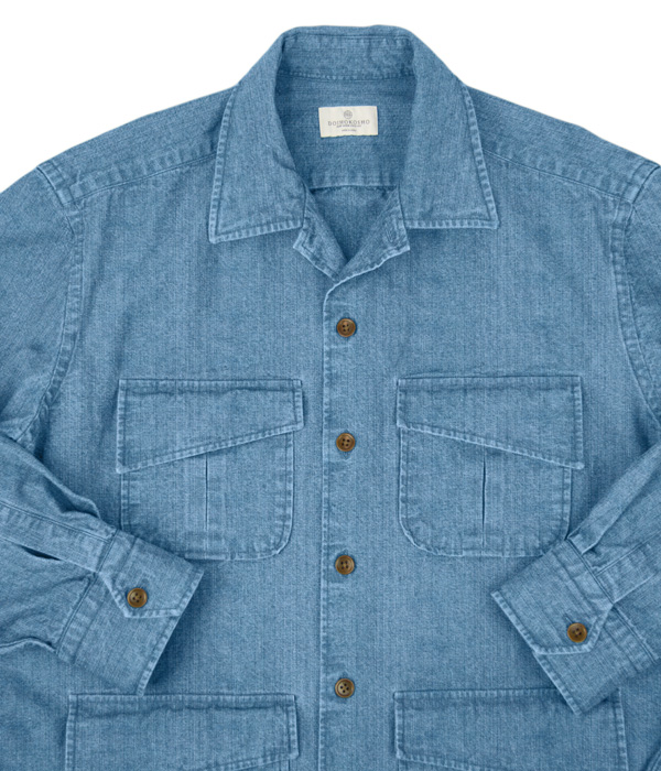 ブリーチデニム斜めフラップポケットシャツアウター