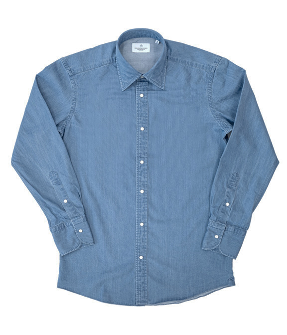 【製品洗い加工】ブルー インディゴ デニム ドレスシャツ（Easy Order/長袖）