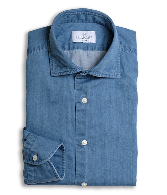 【製品洗い加工】ブルー インディゴ デニム ドレスシャツ（Easy Order/半袖）