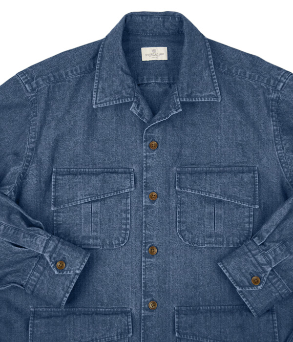 ウォッシュデニム斜めフラップポケットシャツアウター