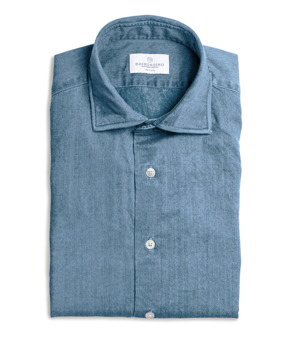 【製品洗い加工】ブルー インディゴ 8オンスデニム ドレスシャツ（Made to Measure）