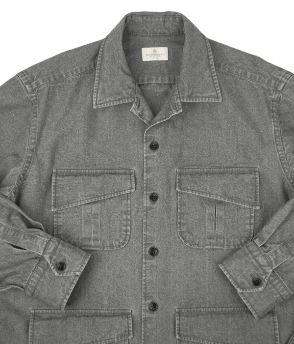 ブリーチブラックデニム斜めフラップポケットシャツアウター