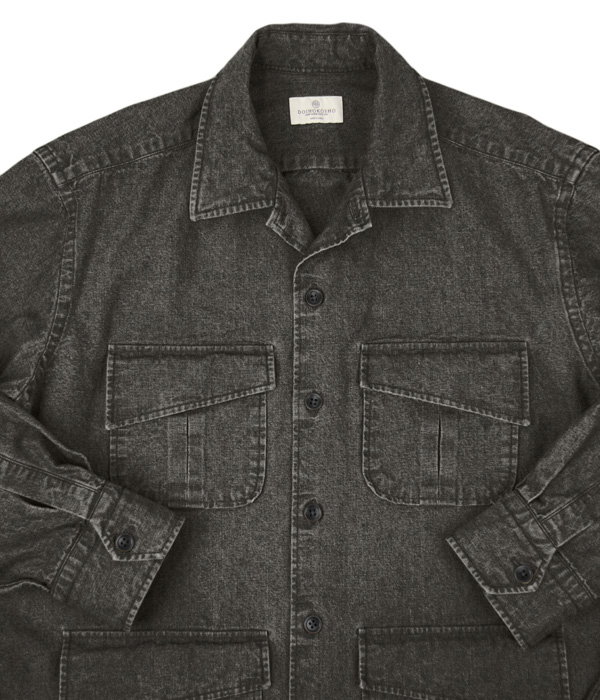 ウォッシュブラックデニム斜めフラップポケットシャツアウター