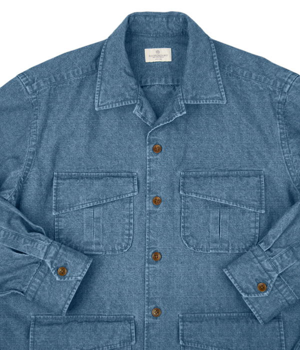 ブリーチインディゴ 8.5オンスダンガリー斜めフラップポケットシャツアウター