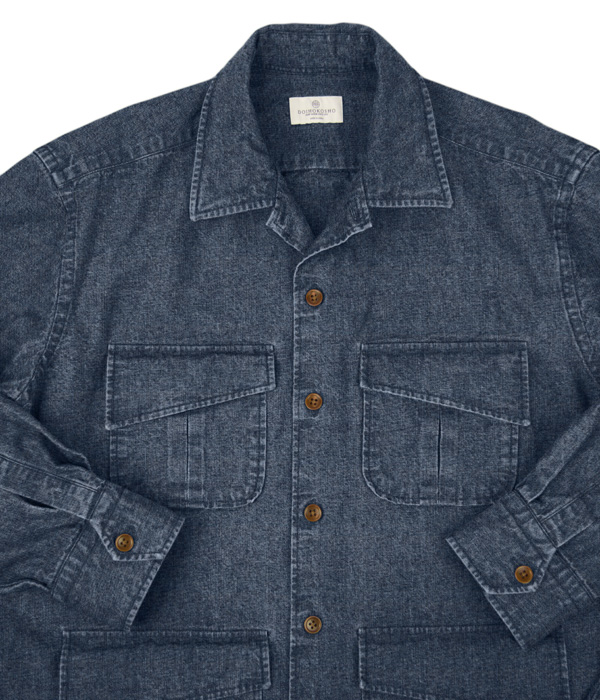 ウォッシュインディゴ 8.5オンスダンガリー斜めフラップポケットシャツアウター