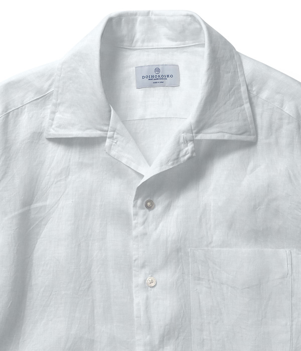 【THOMAS MASON Linen】イージーケア ホワイト リネン 無地 オープンカラーシャツ