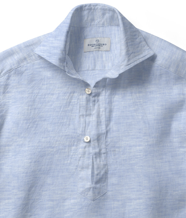 【THOMAS MASON Linen】イージーケア サックス リネン 無地 カプリシャツ