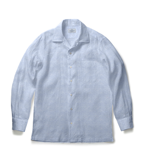 【THOMAS MASON Linen】イージーケア サックス リネン 無地 オープンカラーシャツ