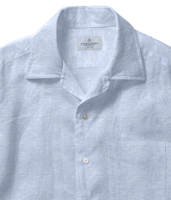 【THOMAS MASON Linen】イージーケア サックス リネン 無地 オープンカラーシャツ