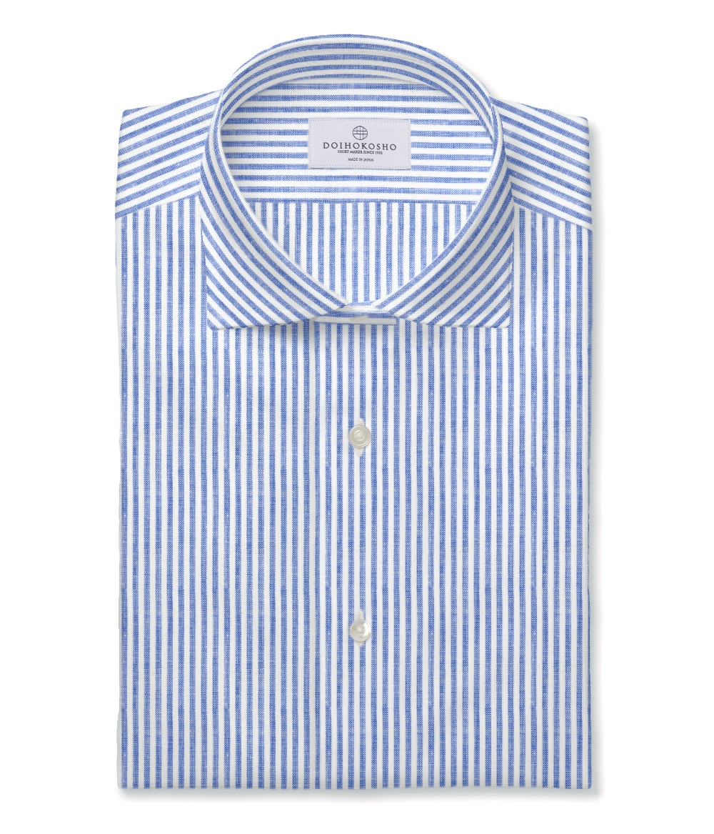 【Herdmans Linen】ブルー リネン ストライプ ドレスシャツ