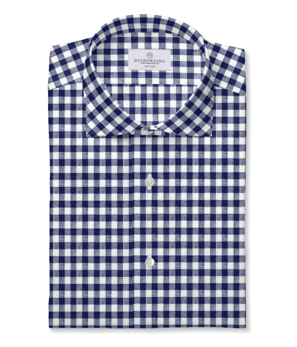 【Herdmans Linen】ブルー リネン ギンガムチェック ドレスシャツ