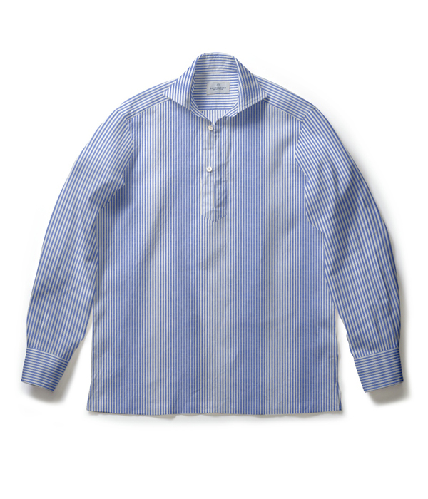 【Herdmans Linen】ブルー 綿麻 ストライプ カプリシャツ