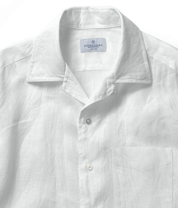 【Herdmans Linen】ホワイト リネン 無地 オープンカラーシャツ