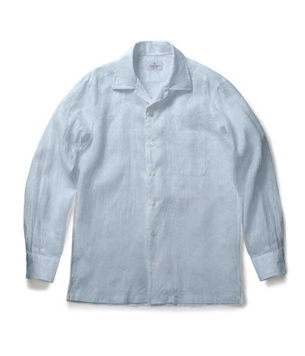 【Herdmans Linen】サックス リネン 無地 オープンカラーシャツ