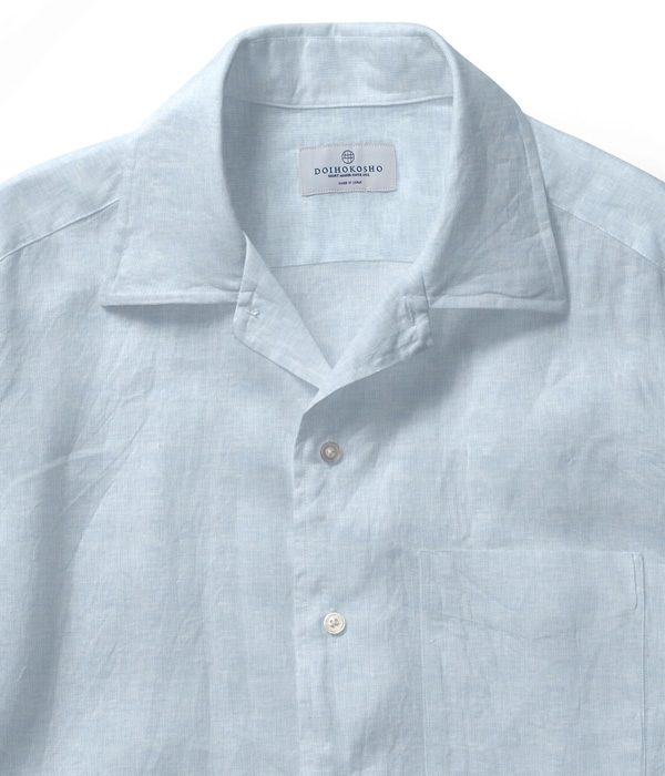 【Herdmans Linen】サックス リネン 無地 オープンカラーシャツ