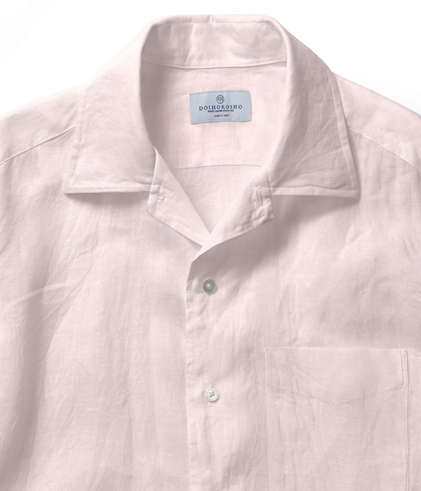 【Herdmans Linen】ピンク リネン 無地 オープンカラーシャツ