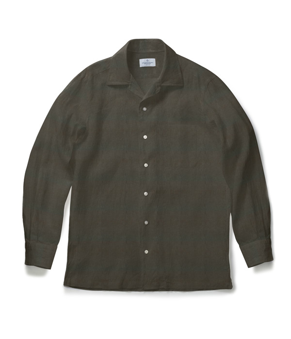 【Herdmans Linen】カーキ リネン 無地 オープンカラーシャツ