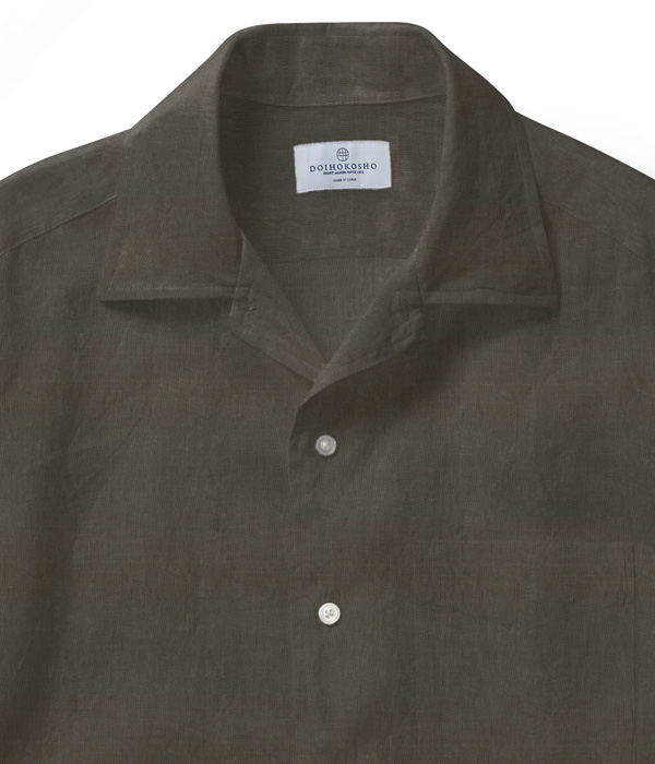 【Herdmans Linen】カーキ リネン 無地 オープンカラーシャツ