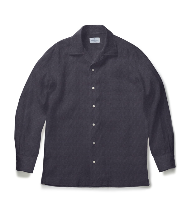 【Herdmans Linen】ネイビー リネン 無地 オープンカラーシャツ