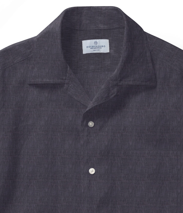 【Herdmans Linen】ネイビー リネン 無地 オープンカラーシャツ