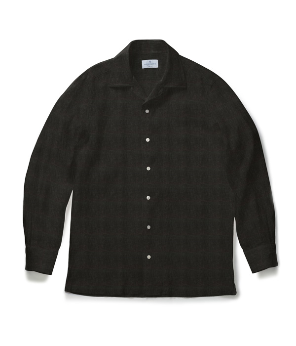 【Herdmans Linen】ブラック リネン 無地 オープンカラーシャツ