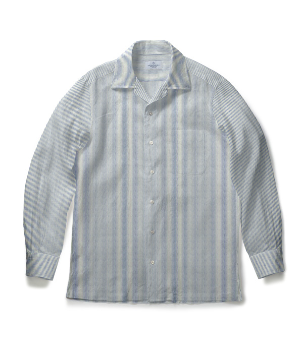 【Herdmans Linen】サックス リネン ストライプ オープンカラーシャツ