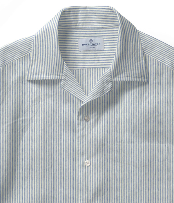 【Herdmans Linen】サックス リネン ストライプ オープンカラーシャツ