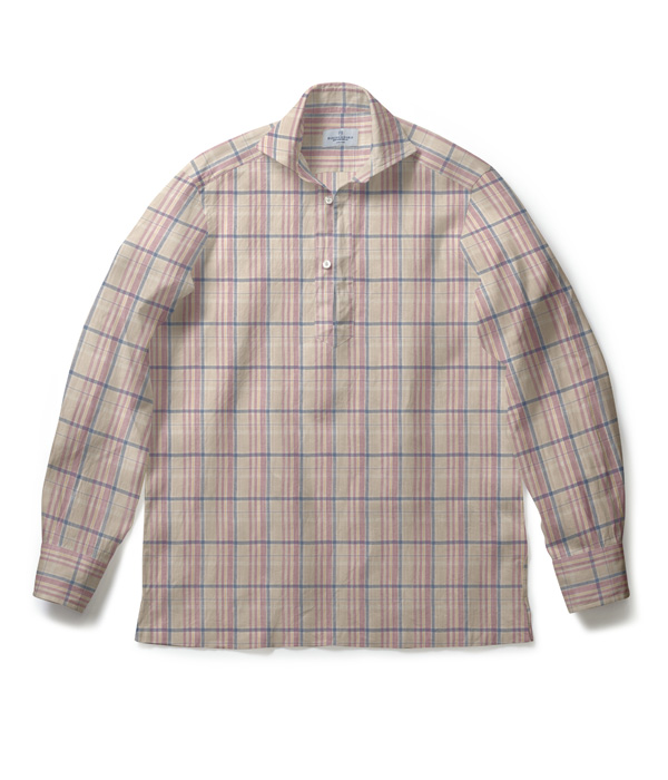 【Herdmans Linen】ベージュ×ピンク リネン チェック カプリシャツ