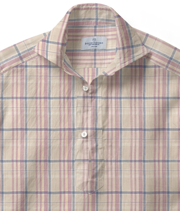 【Herdmans Linen】ベージュ×ピンク リネン チェック カプリシャツ