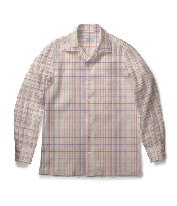 【Herdmans Linen】ベージュ×ピンク リネン チェック オープンカラーシャツ