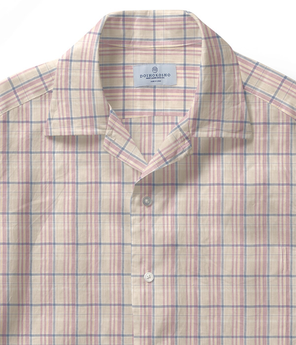 【Herdmans Linen】ベージュ×ピンク リネン チェック オープンカラーシャツ