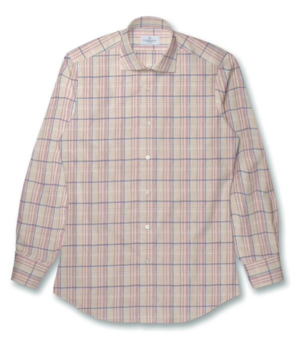 【Herdmans Linen】ベージュ×ピンク リネン チェック ドレスシャツ