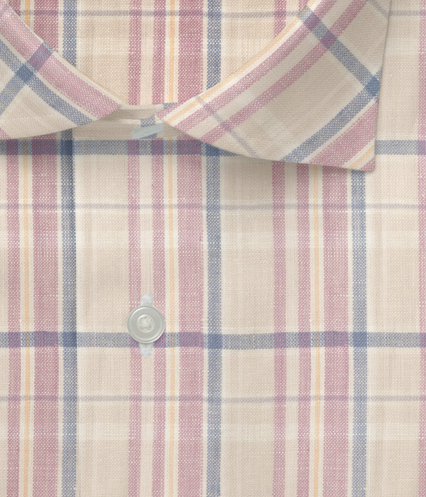 【Herdmans Linen】ベージュ×ピンク リネン チェック ドレスシャツ