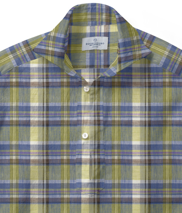 【Herdmans Linen】ブルー×ライム リネン チェック カプリシャツ