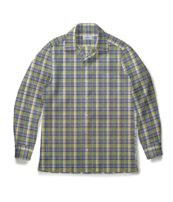 【Herdmans Linen】ブルー×ライム リネン チェック オープンカラーシャツ