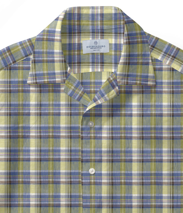 【Herdmans Linen】ブルー×ライム リネン チェック オープンカラーシャツ