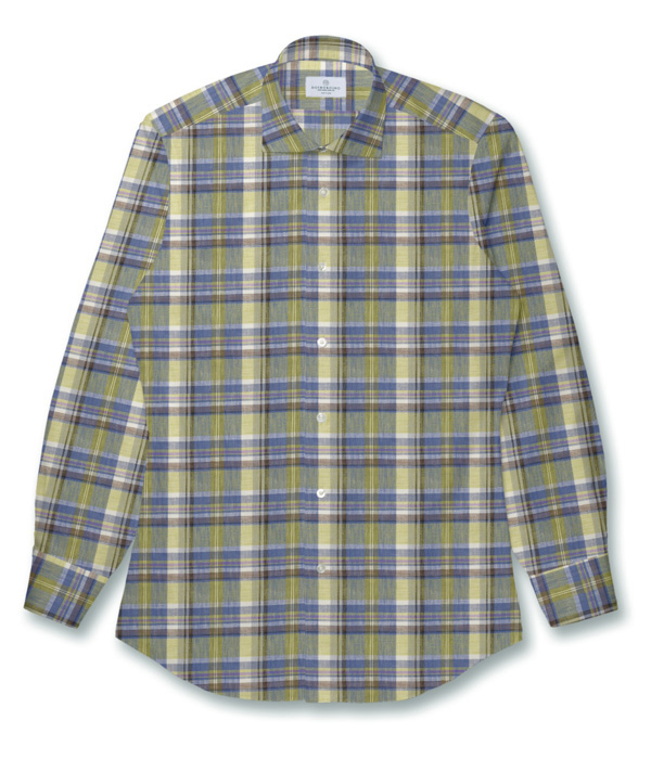 【Herdmans Linen】ブルー×ライム リネン チェック ドレスシャツ