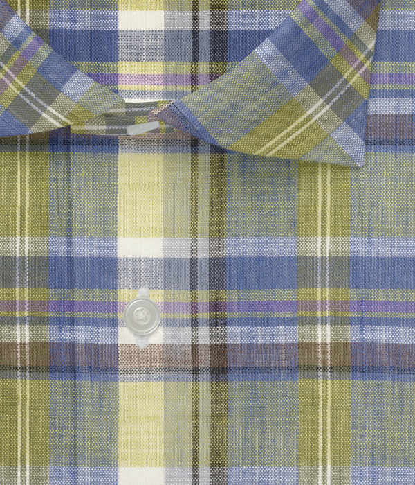 【Herdmans Linen】ブルー×ライム リネン チェック ドレスシャツ