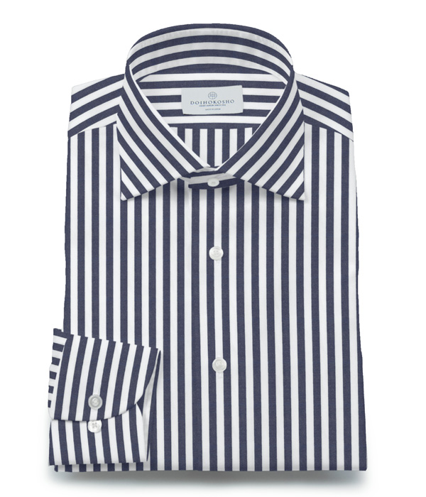 【The Royal Caribbean Cotton】100/2 ネイビー ブロード ストライプ ワイドカラーシャツ（Classic｜クラシックフィット）