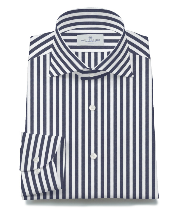 【The Royal Caribbean Cotton】100/2 ネイビー ブロード ストライプ ホリゾンタルワイドカラーシャツ（Classic｜クラシックフィット）