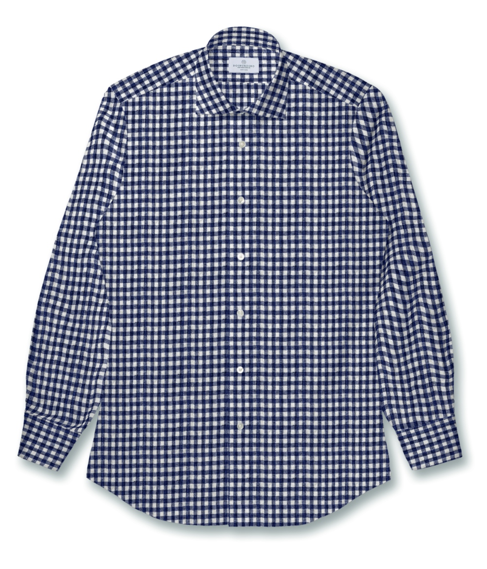 【ALBINI Linen】ネイビー チェック リネンサッカー  ドレスシャツ（Made to Measure）