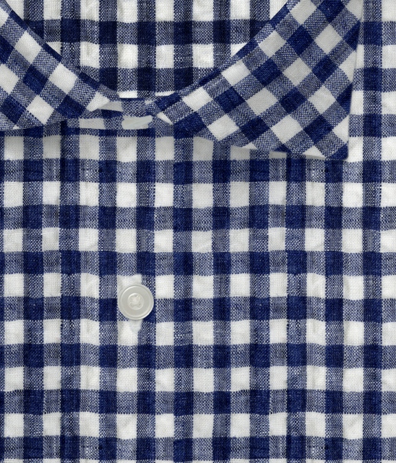 【ALBINI Linen】ネイビー チェック リネンサッカー  ドレスシャツ