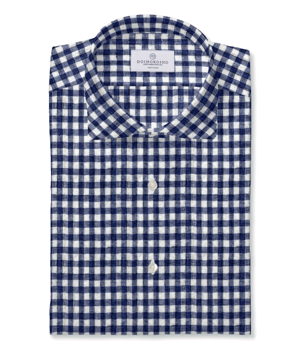 【ALBINI Linen】ネイビー チェック リネンサッカー  ドレスシャツ（Easy Order）