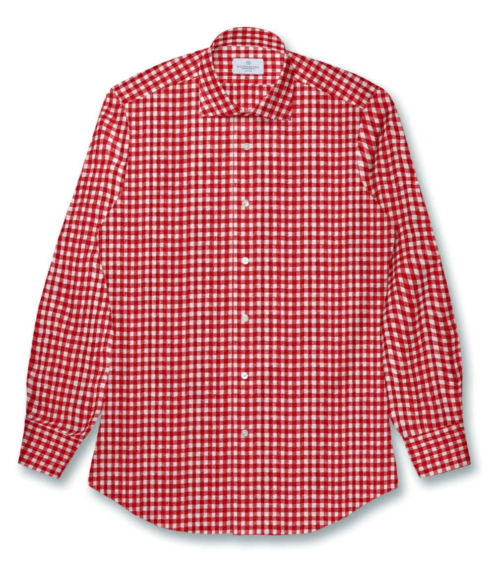 ALBINI Linen】レッド チェック リネンサッカー ドレスシャツ