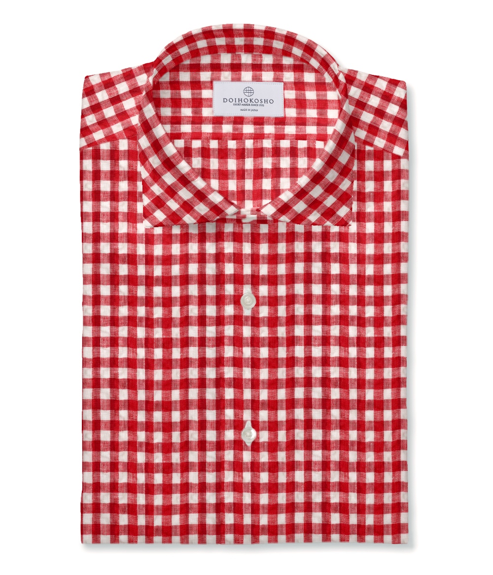 【ALBINI Linen】レッド チェック リネンサッカー  ドレスシャツ（Made to Measure）