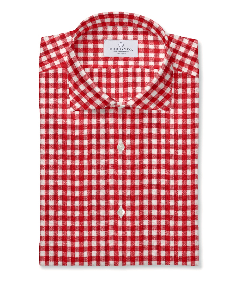 ALBINI Linen】レッド チェック リネンサッカー ドレスシャツ